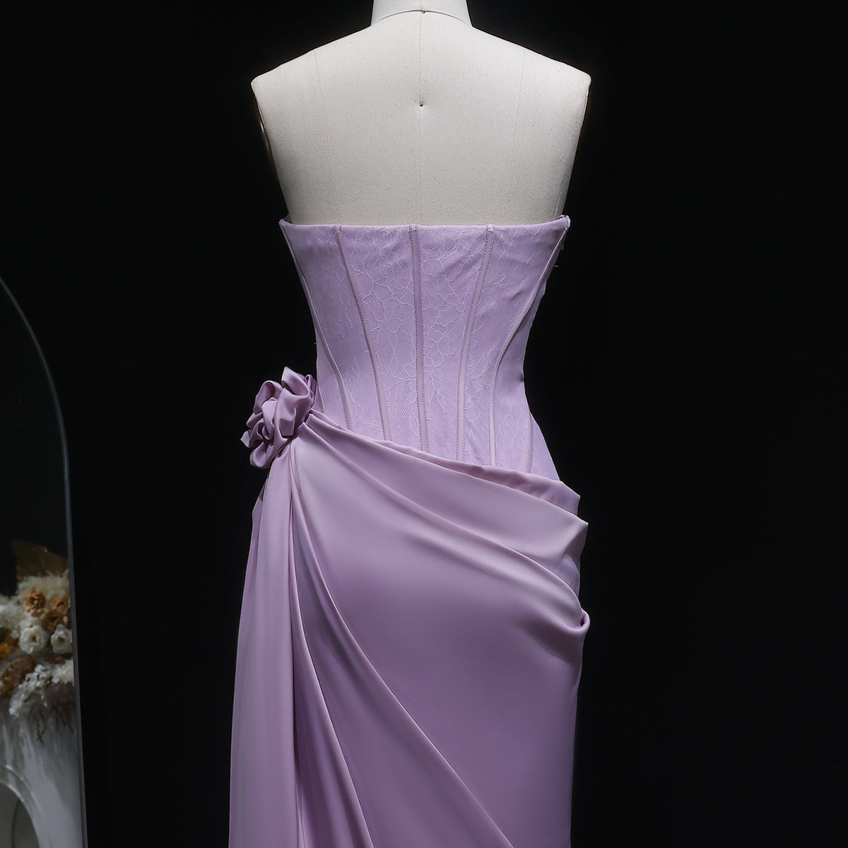 Elegant Pink 3D Floral Strapless Fitted Waist Evening Dress SF042 