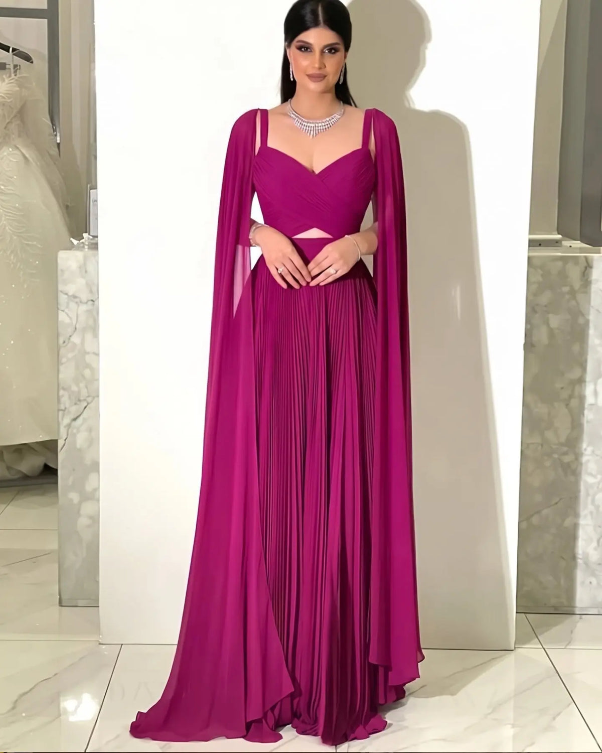 Elegant Fuchsia Chiffon Evening Dress with Cape Sleeves SF090