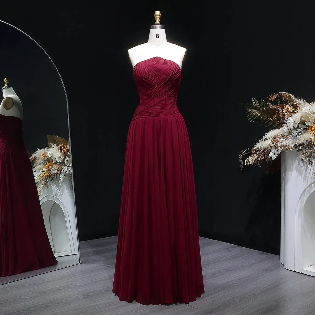 Arabic Burgundy Chiffon Strapless Evening Dress with Slit SF141 Arabic Burgundy Chiffon Strapless Evening Dress with Slit SF141