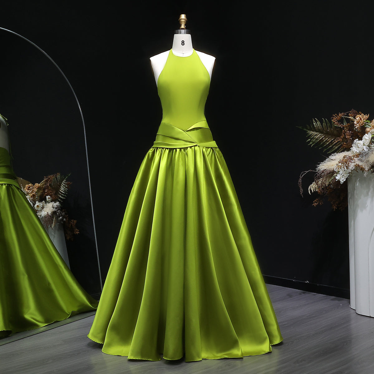 Elegant Olive Green Satin Halter Neck Ball Gown Evening Dress SF148 