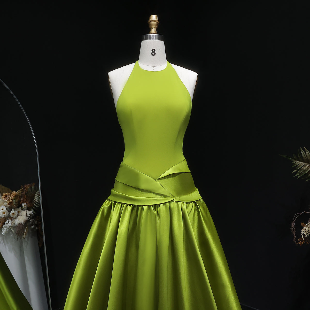 Elegant Olive Green Satin Halter Neck Ball Gown Evening Dress SF148 