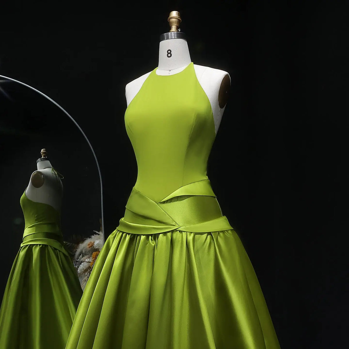 Elegant Olive Green Satin Halter Neck Ball Gown Evening Dress SF148 SHARONSAID Elegant Olive Green Satin Halter Neck Ball Gown Evening Dress SF148 SHARONSAID