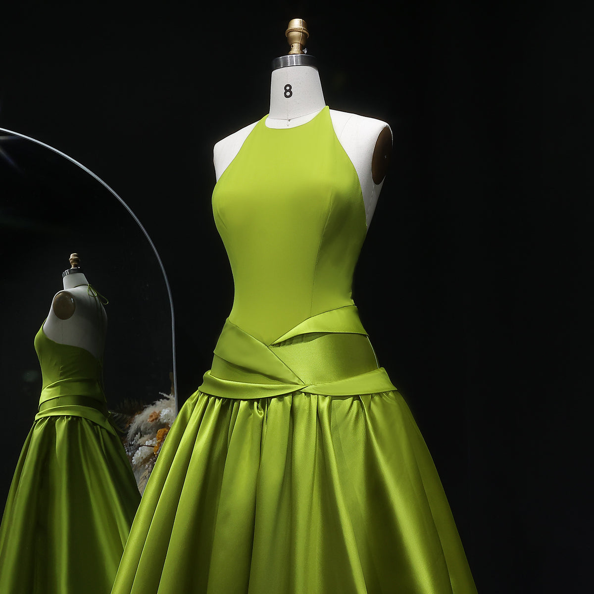 Elegant Olive Green Satin Halter Neck Ball Gown Evening Dress SF148 