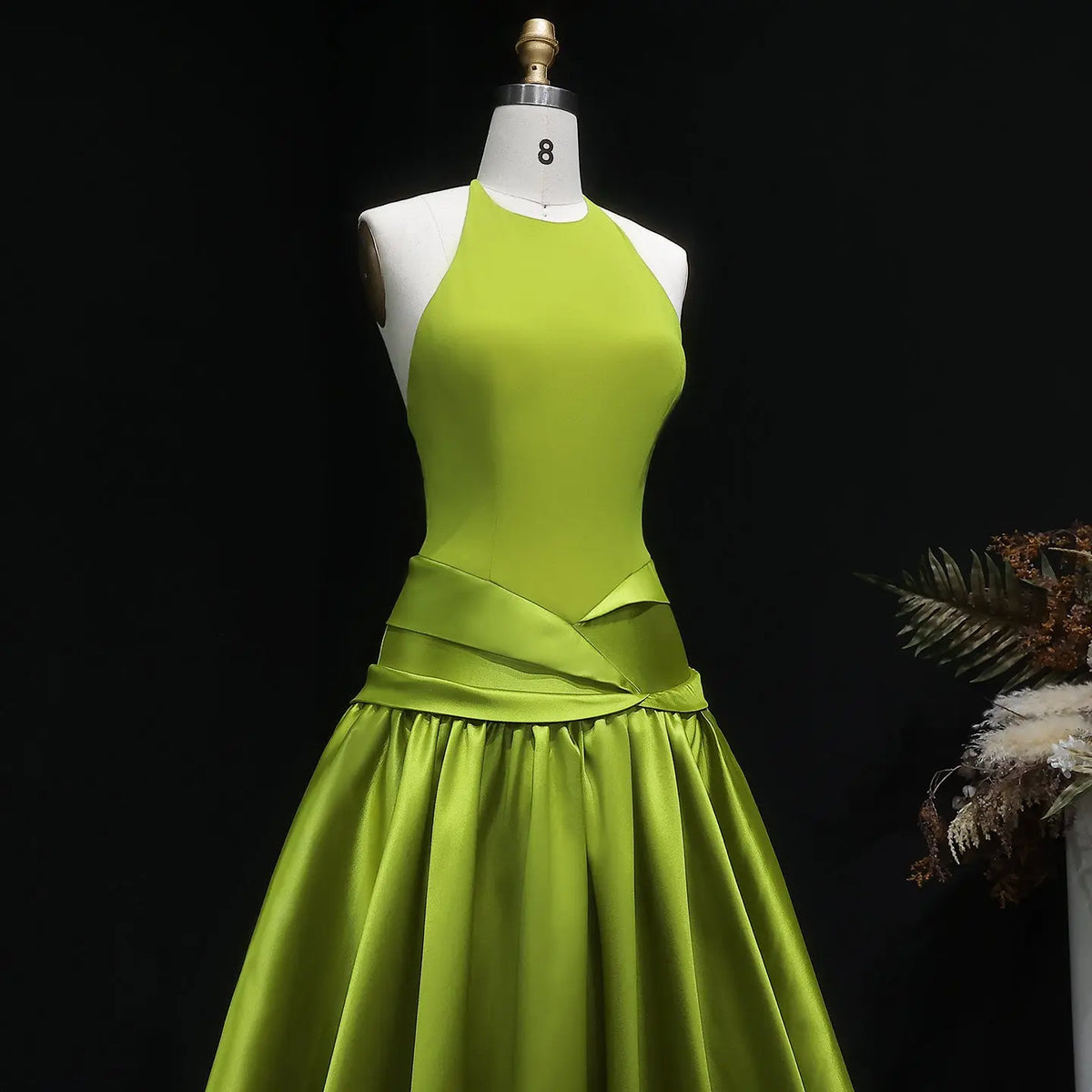 Elegant Olive Green Satin Halter Neck Ball Gown Evening Dress SF148 Elegant Olive Green Satin Halter Neck Ball Gown Evening Dress SF148
