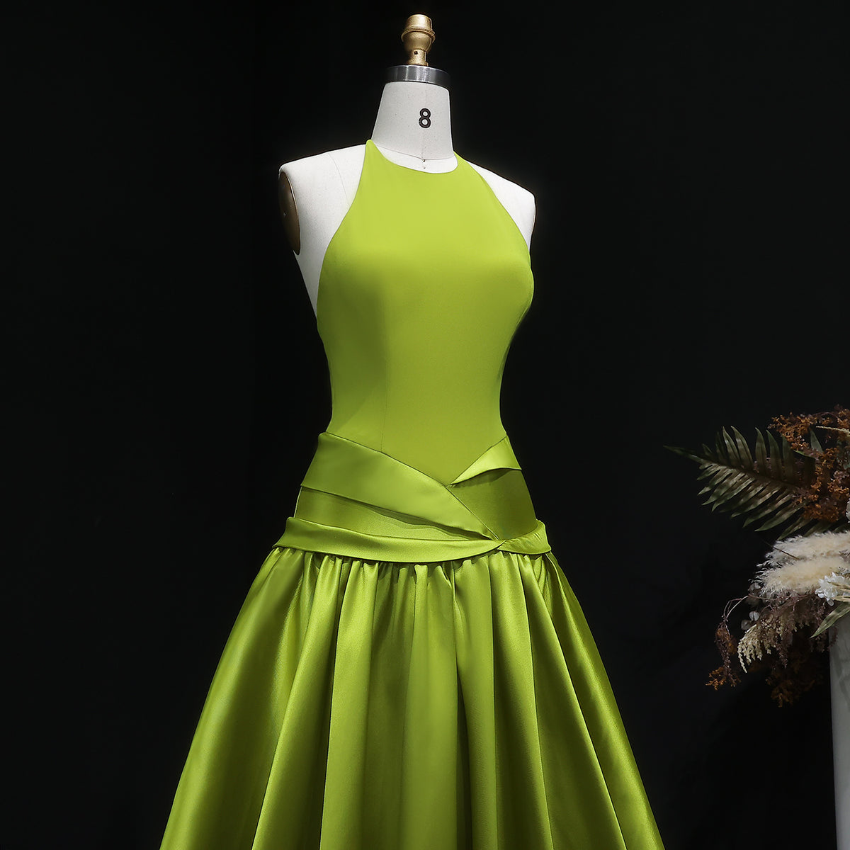 Elegant Olive Green Satin Halter Neck Ball Gown Evening Dress SF148 