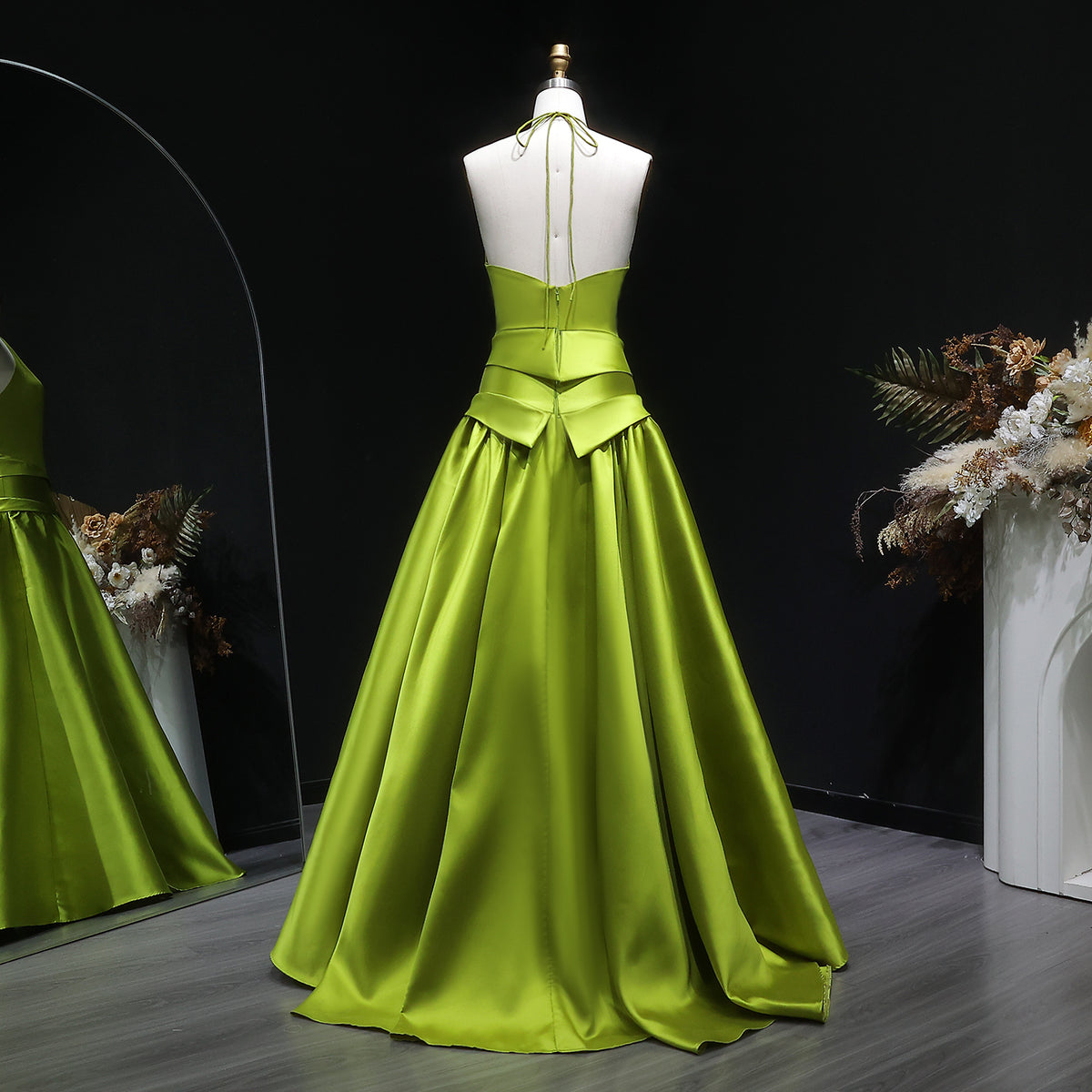 Elegant Olive Green Satin Halter Neck Ball Gown Evening Dress SF148 