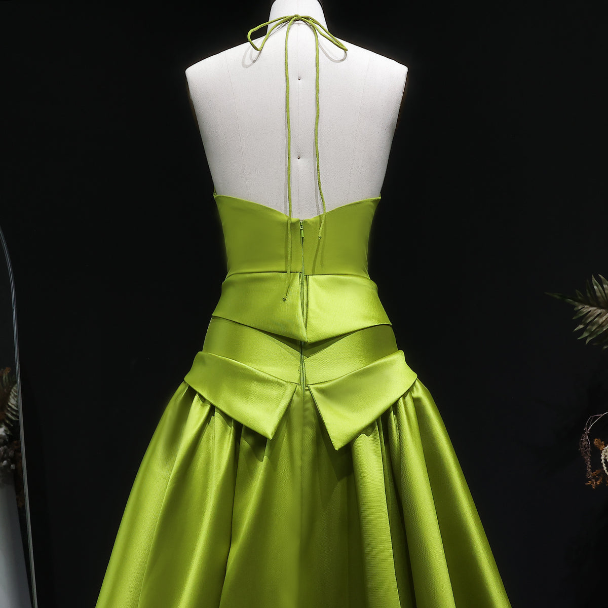 Elegant Olive Green Satin Halter Neck Ball Gown Evening Dress SF148 