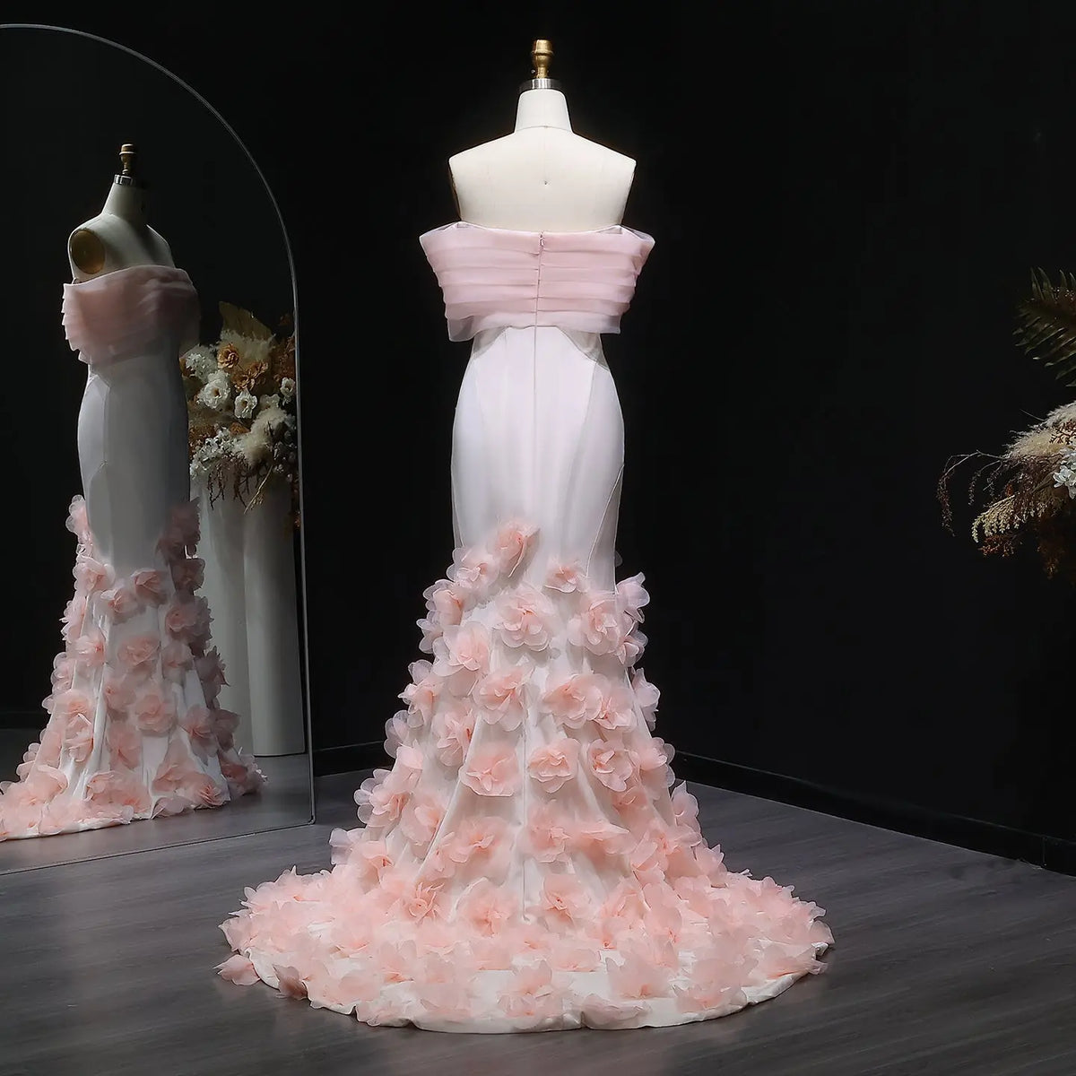 blush pink off shoulder ruffle evening dress with sleeves Elegant A Line Off the Shoulder Blue/Pink Prom Dresses with Long Sleeves from BeautyLady