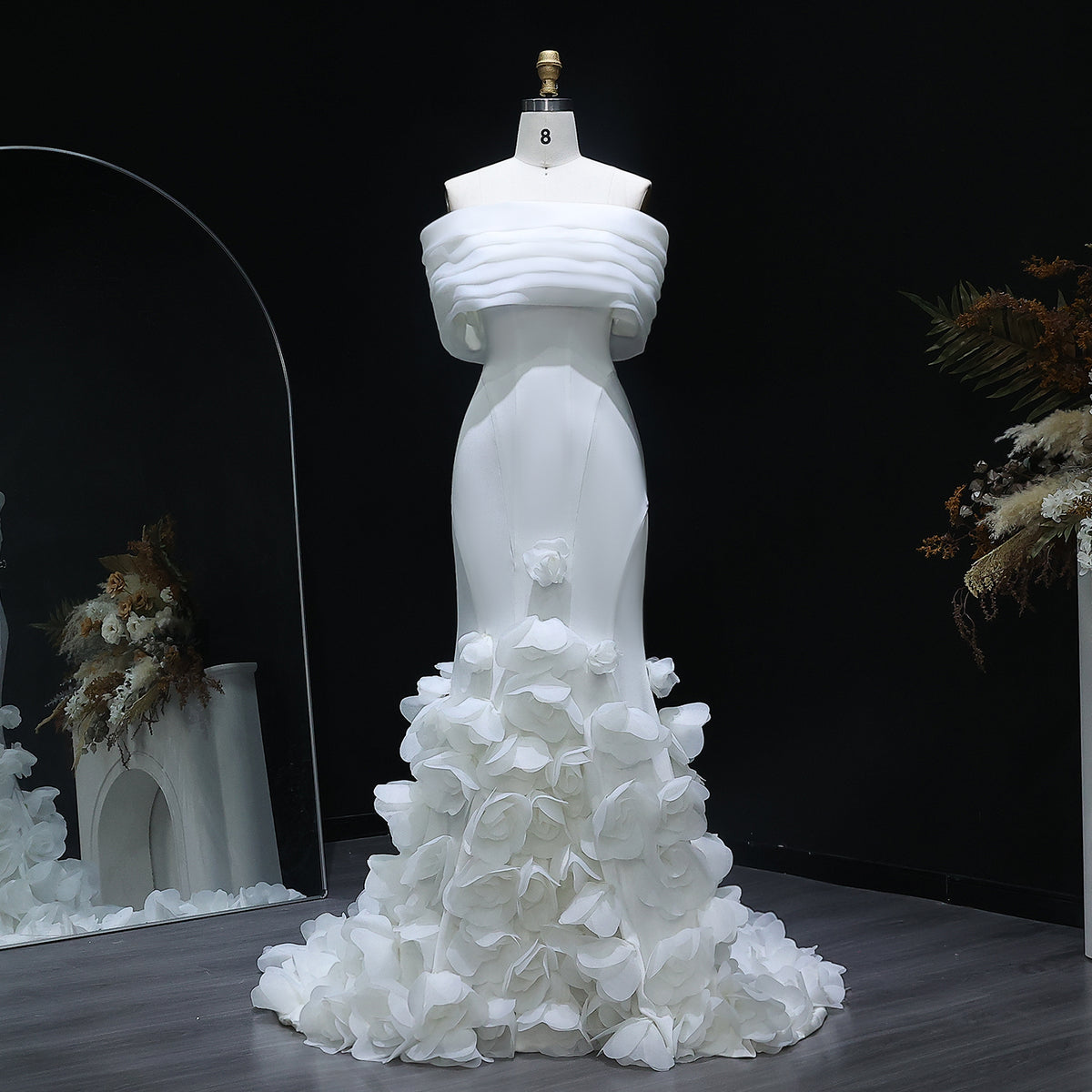 Elegant 3D flowers Off Shoulder White Evening Dress SF206 