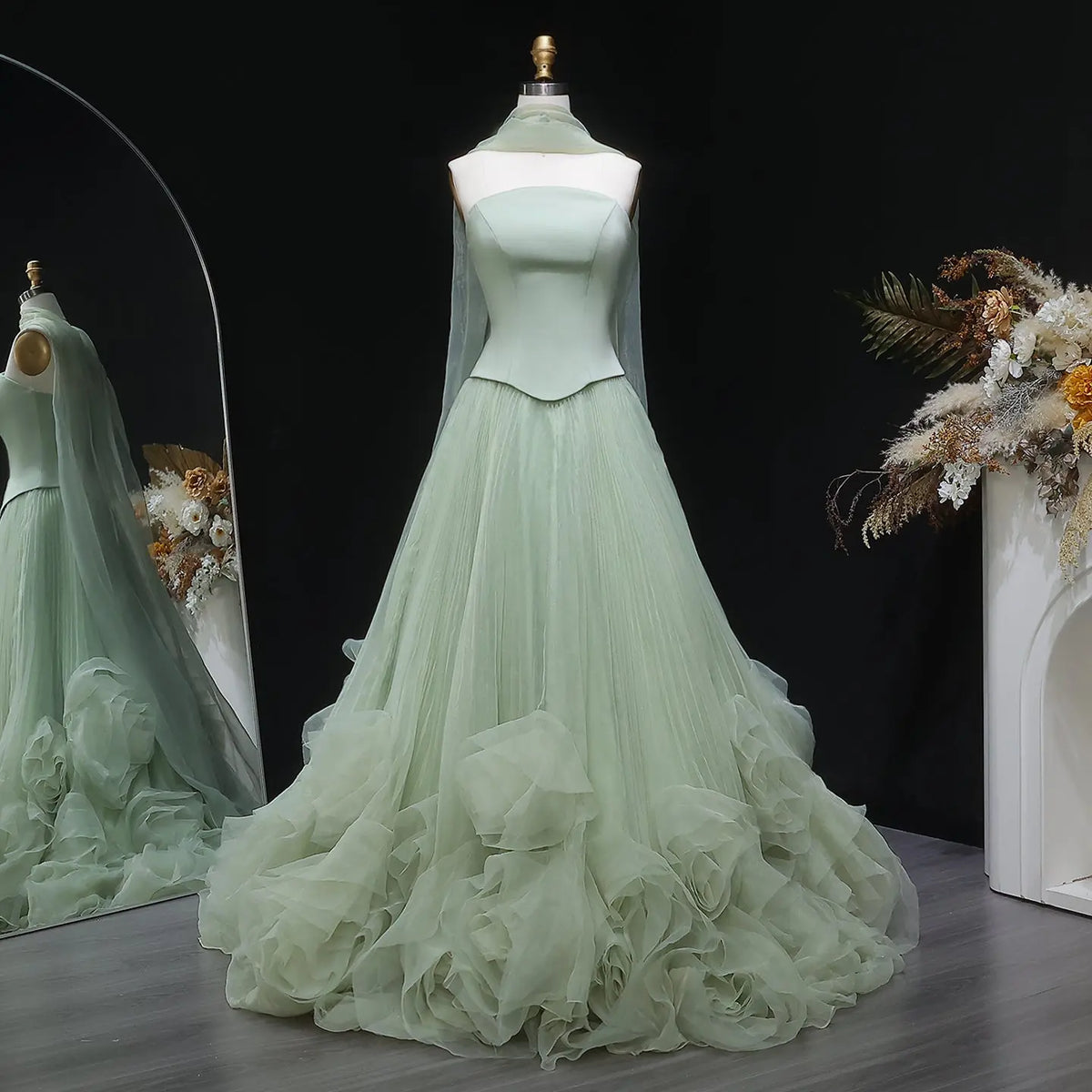 Elegant Green Strapless 3D Flowers Evening Dress SF300 Elegant Green Strapless 3D Flowers Evening Dress SF300