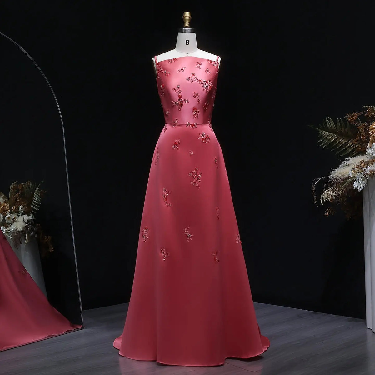 Pink Satin Floral Applique Evening Dress SF302