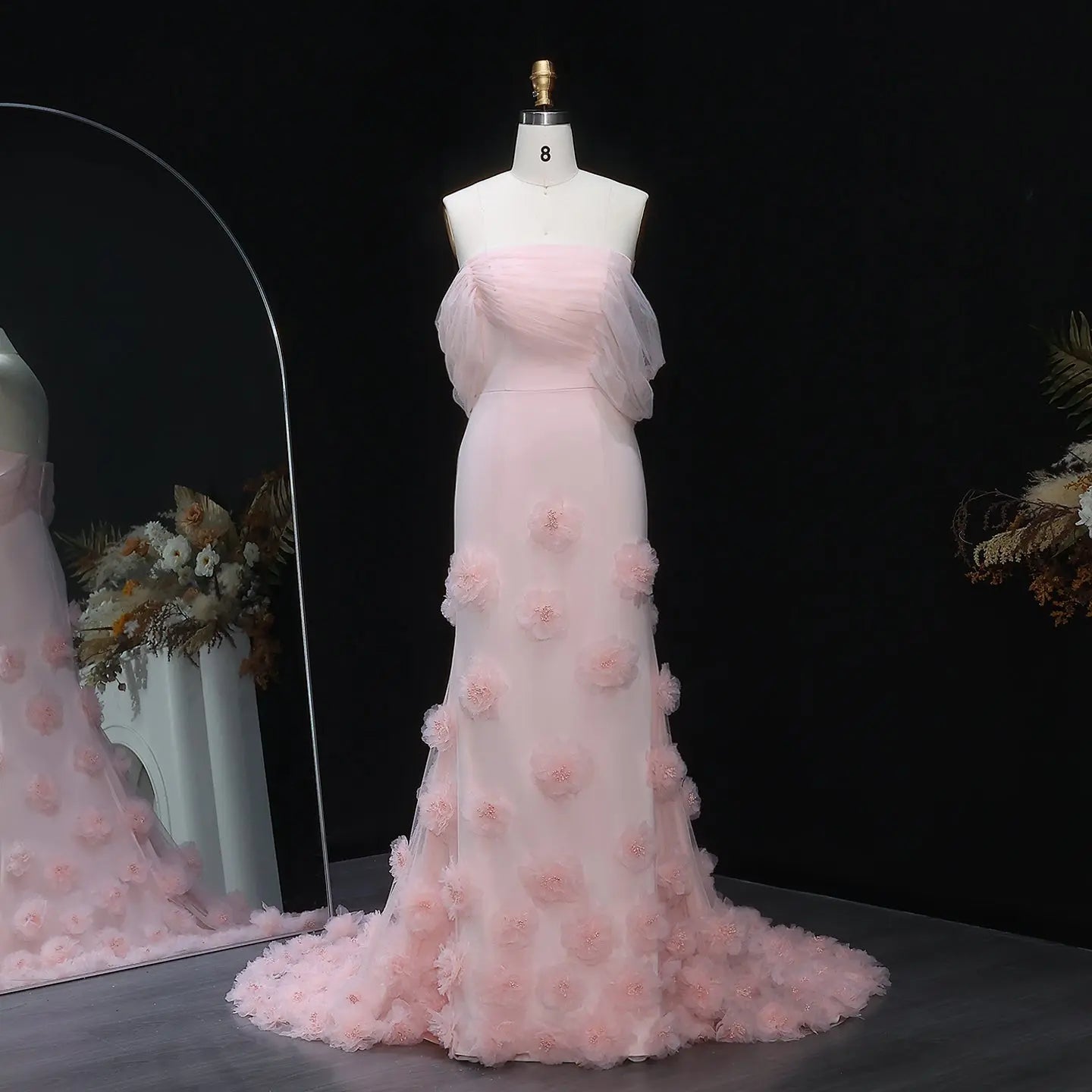 Elegant Pink 3D Flowers Off Shoulder Evening dress SF383 - SHARONSAID