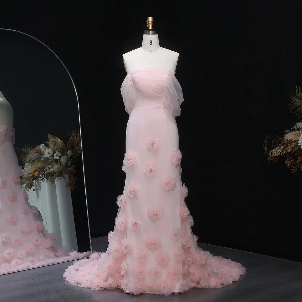 Elegant Pink 3D Flowers Off Shoulder Evening dress SF383 Elegant Pink 3D Flowers Off Shoulder Evening dress SF383