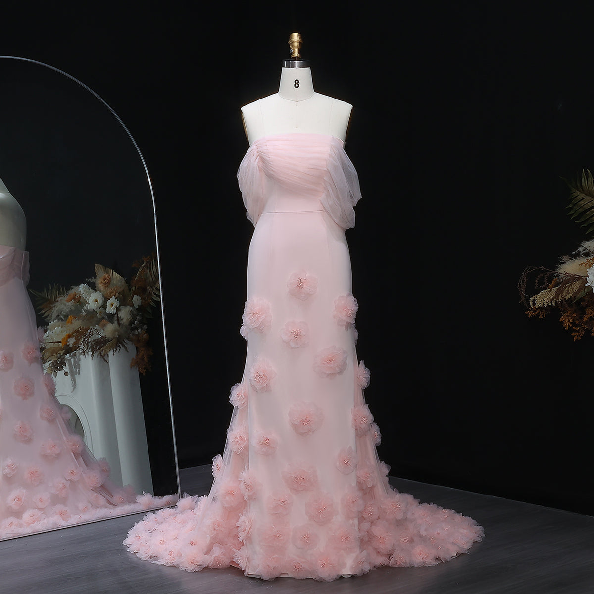 Elegant Pink 3D Flowers Off Shoulder Evening dress SF383 