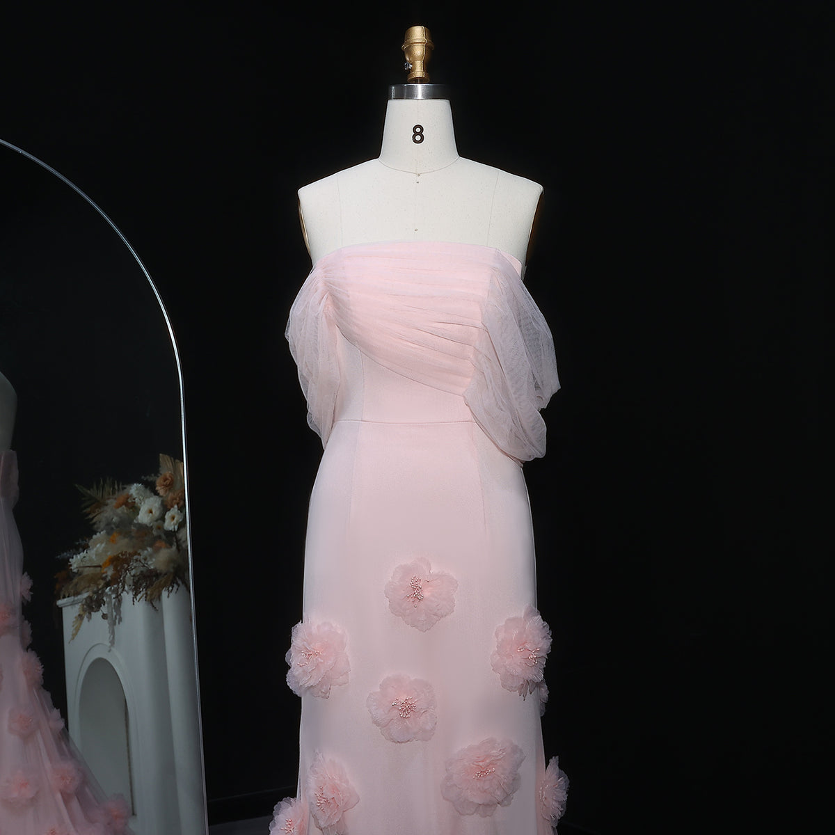 Elegant Pink 3D Flowers Off Shoulder Evening dress SF383 