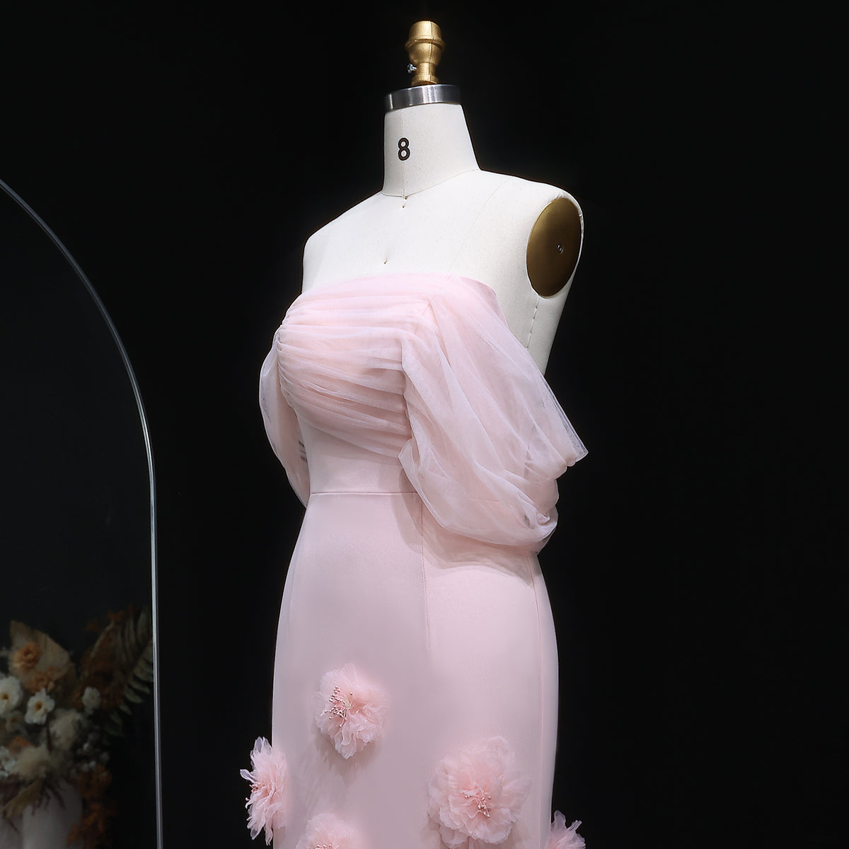 Elegant Pink 3D Flowers Off Shoulder Evening dress SF383 