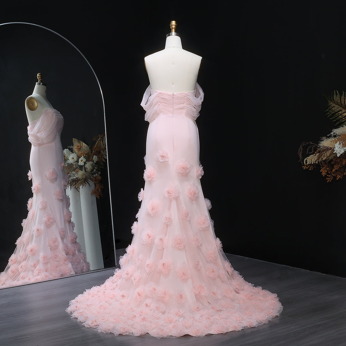 Elegant Pink 3D Flowers Off Shoulder Evening dress SF383 