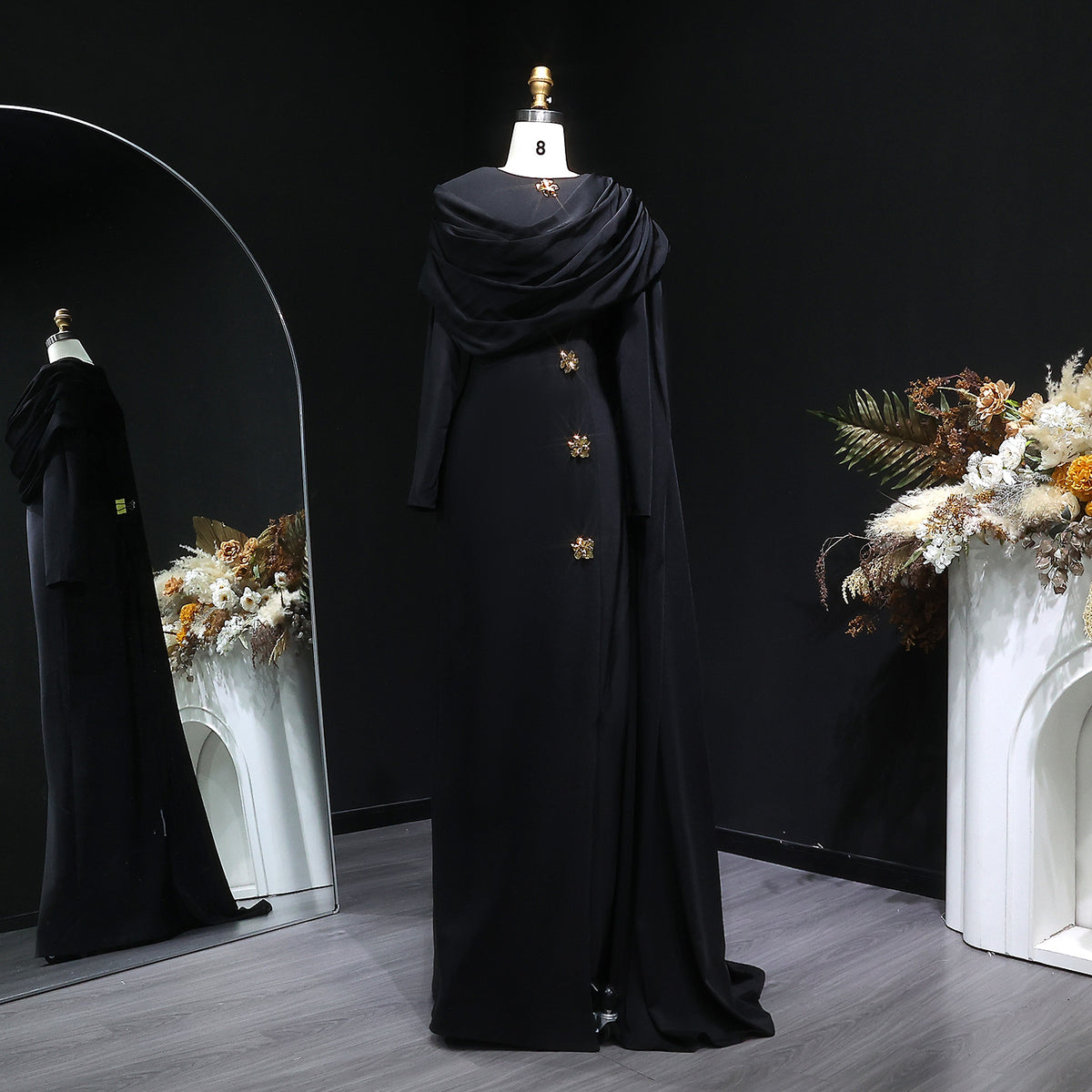 Elegant Off White Satin Arabic Evening Dress with Cape SF536 