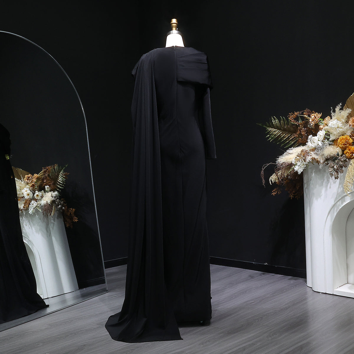 Elegant Off White Satin Arabic Evening Dress with Cape SF536 