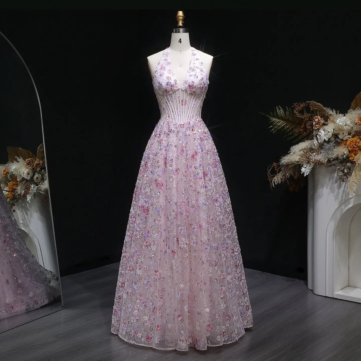 Luxury Pink Halter Neck Sequin Floral Embroidered Prom Dress SH051 