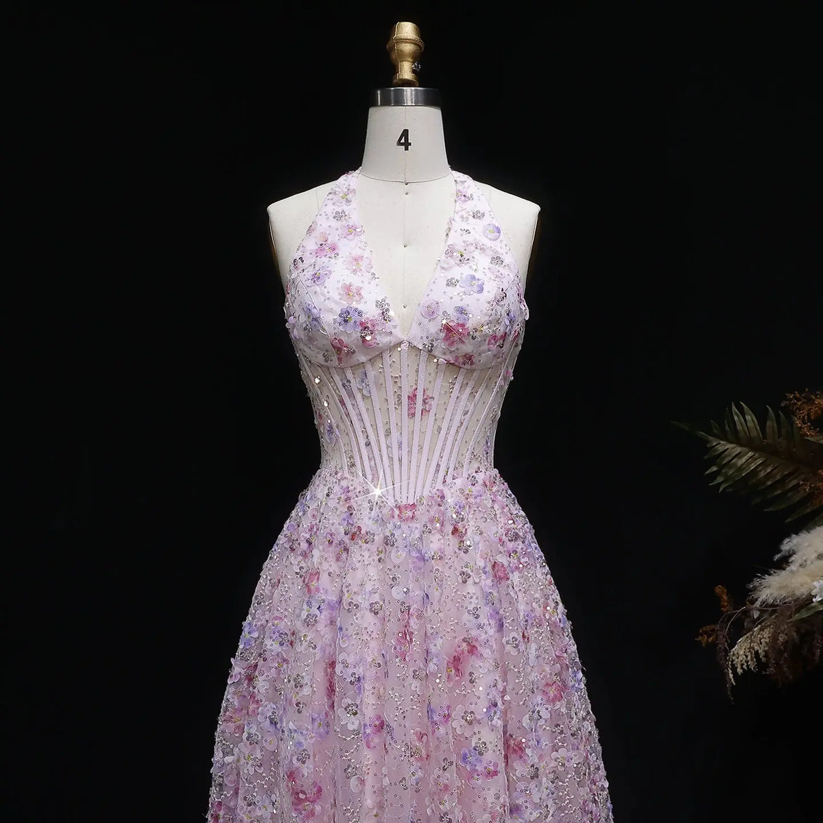 Luxury Pink Halter Neck Sequin Floral Embroidered Prom Dress SH051 