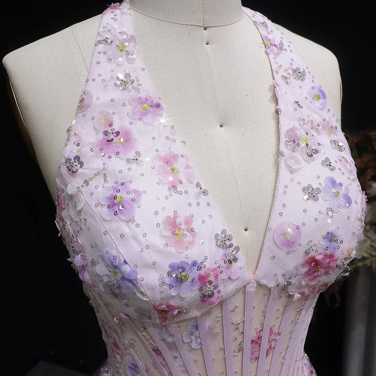 Luxury Pink Halter Neck Sequin Floral Embroidered Prom Dress SH051 