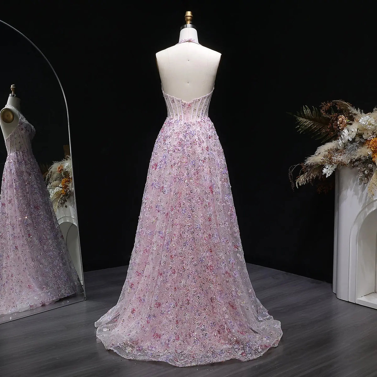 Luxury Pink Halter Neck Sequin Floral Embroidered Prom Dress SH051 Luxury Pink Halter Neck Sequin Floral Embroidered Prom Dress SH051