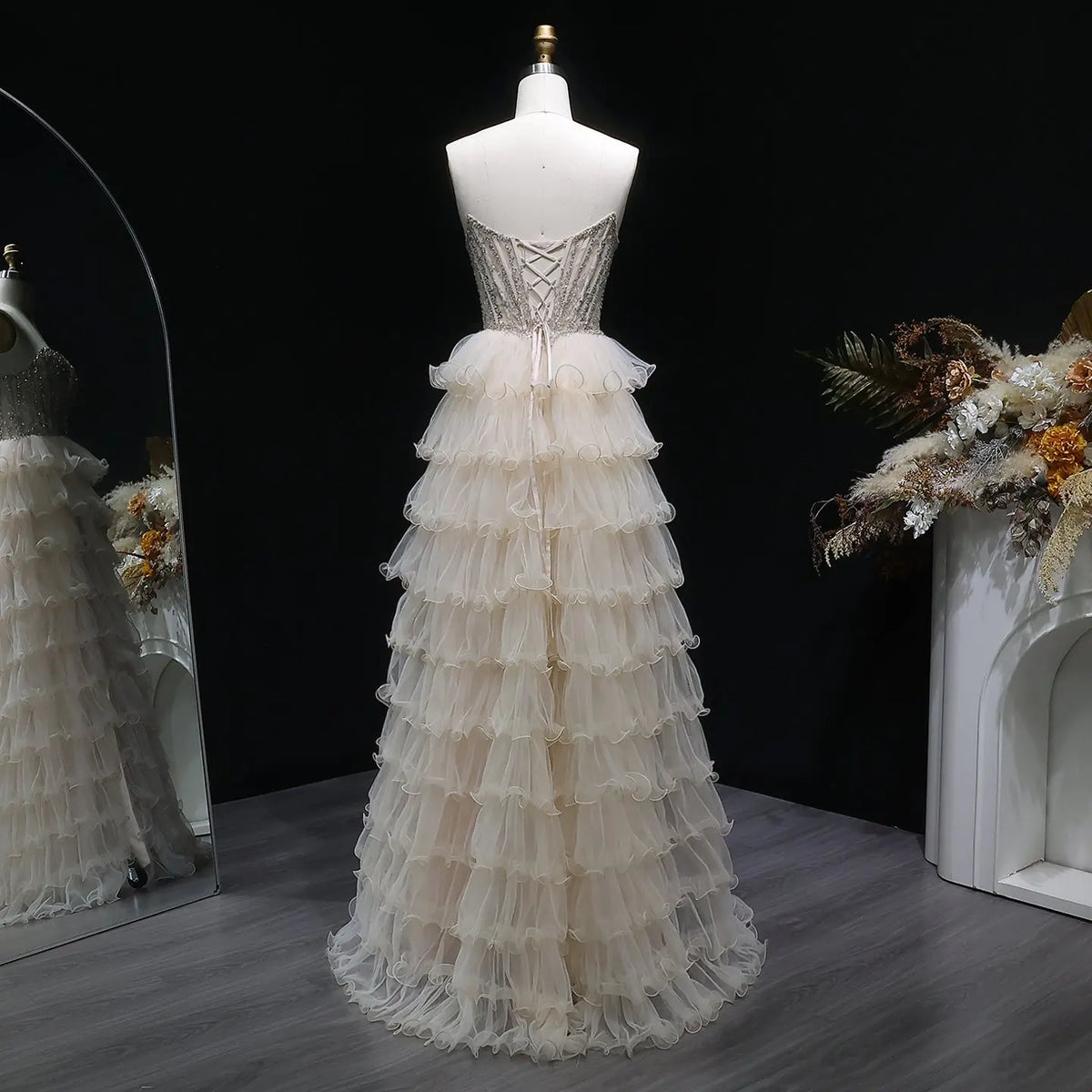 Luxury Beige Strapless Beaded Tiered Ball Gown Prom Dress SH052