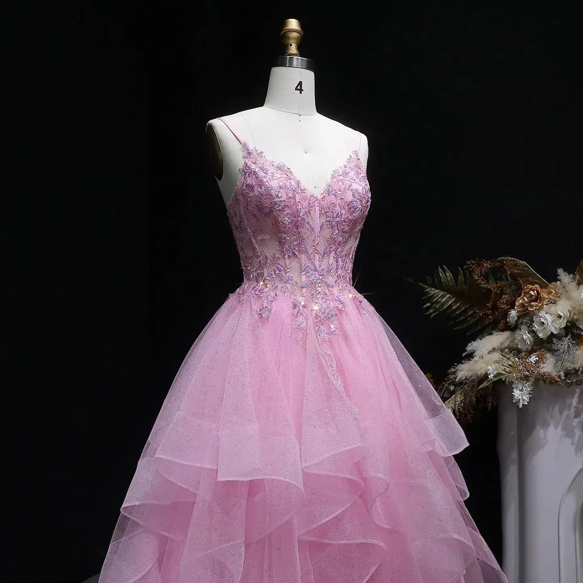 Luxury Pink Beaded Embroidered Voluminous Ball Gown Prom Dress SH053 