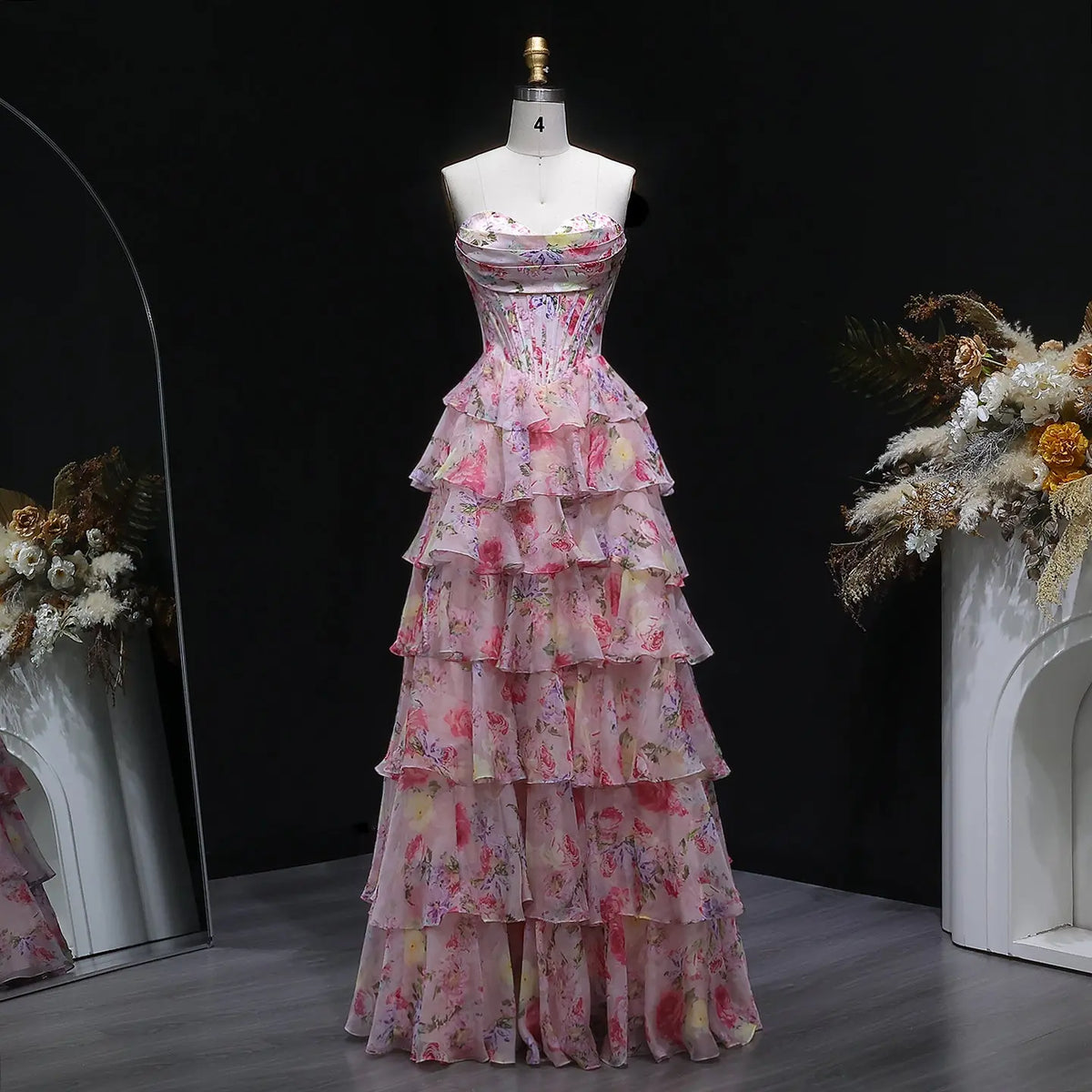 Luxury Pink Floral Strapless Tiered A-Line Prom Dress SH105 