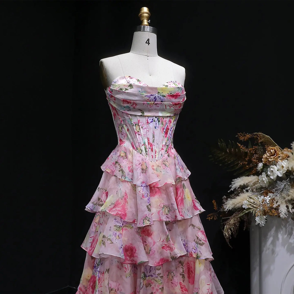 Luxury Pink Floral Strapless Tiered A-Line Prom Dress SH105 