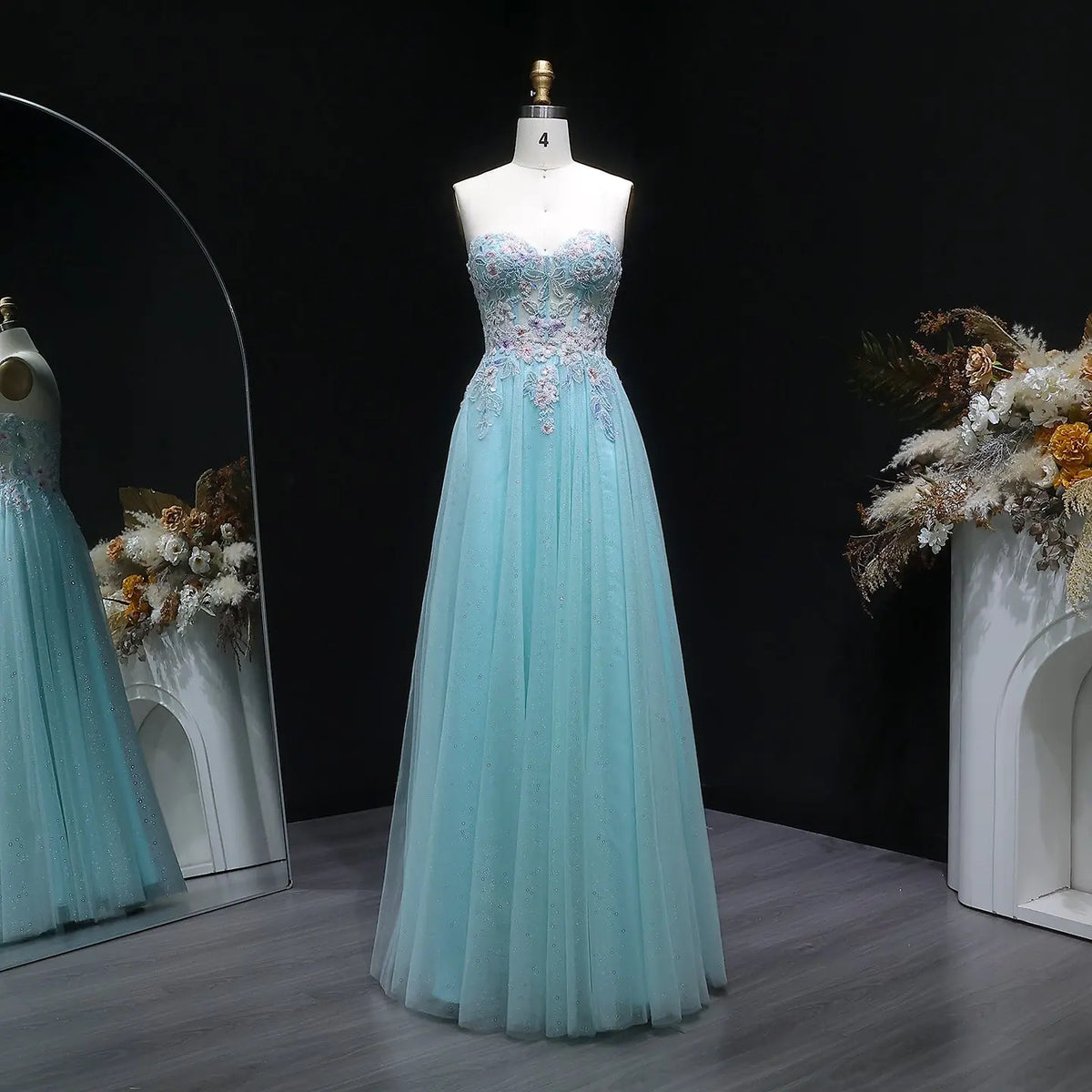 Luxury Blue Strapless Beaded Tulle Prom Dress SH119 – SHARONSAID