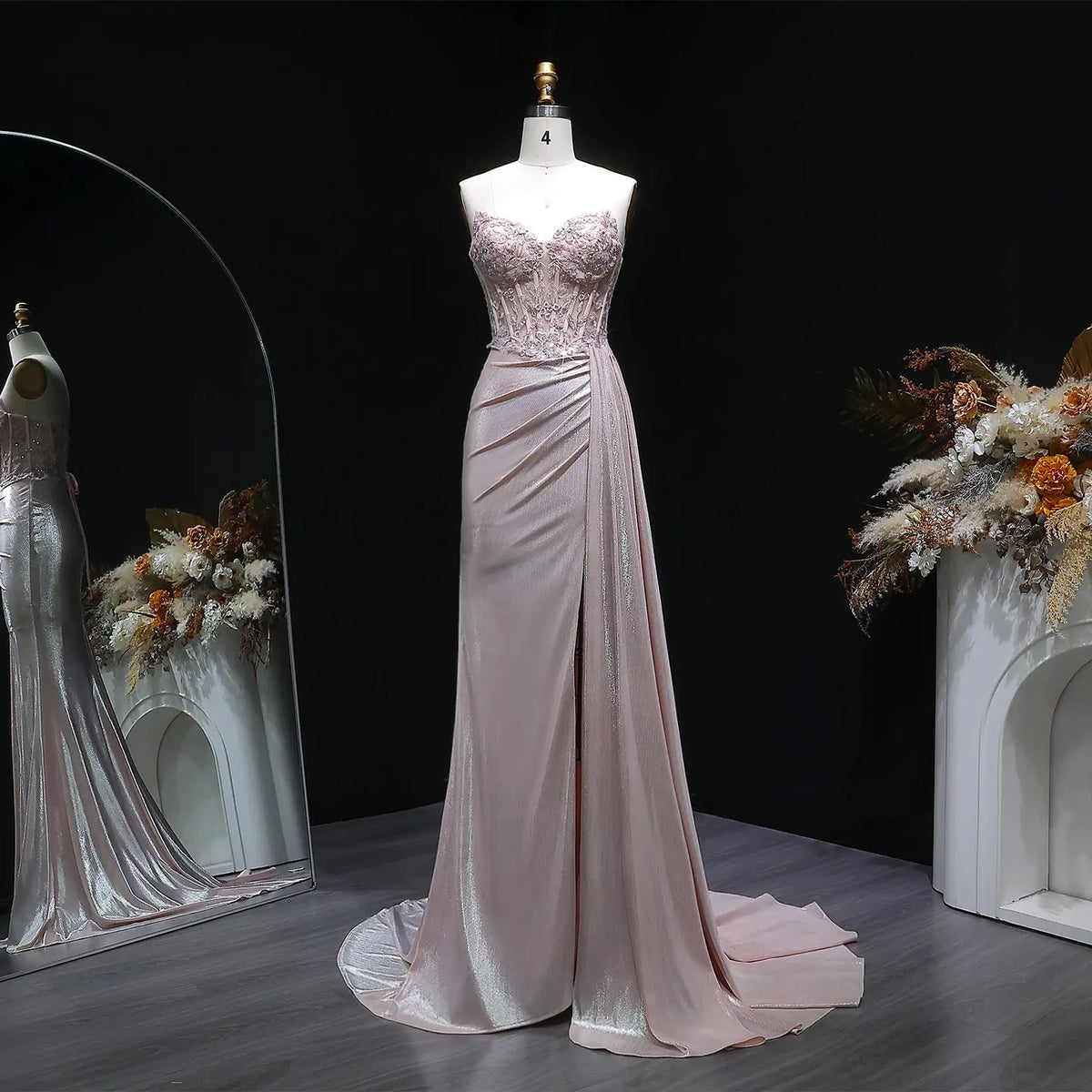 Luxury Pink Strapless Beaded Ruched Train Prom Dress SH128