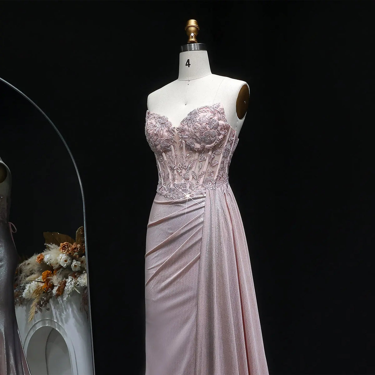 Luxury Pink Strapless Beaded Ruched Train Prom Dress SH128 