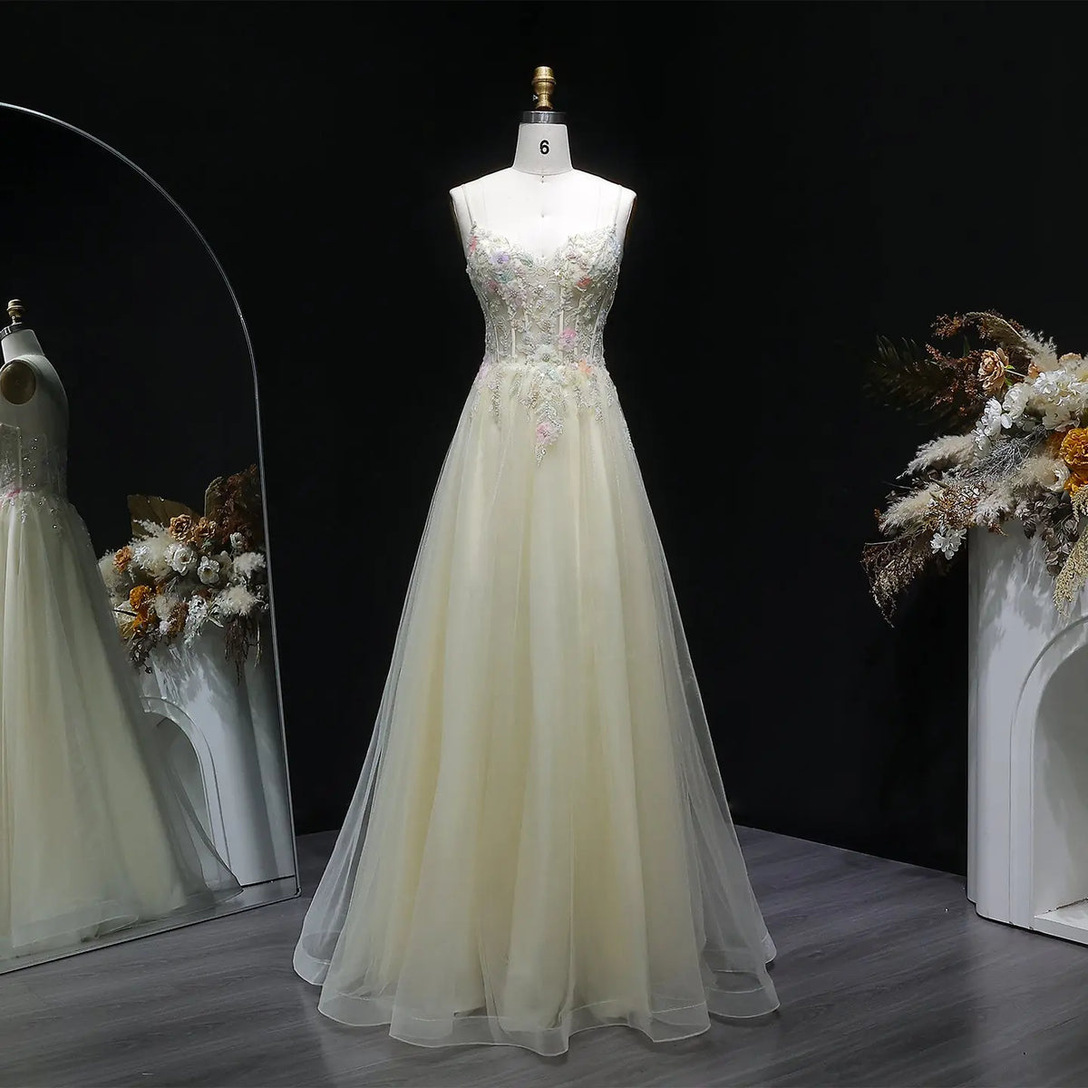 Luxury Yellow Beaded Spaghetti Strap Floral Embroidered Prom Dress SH131