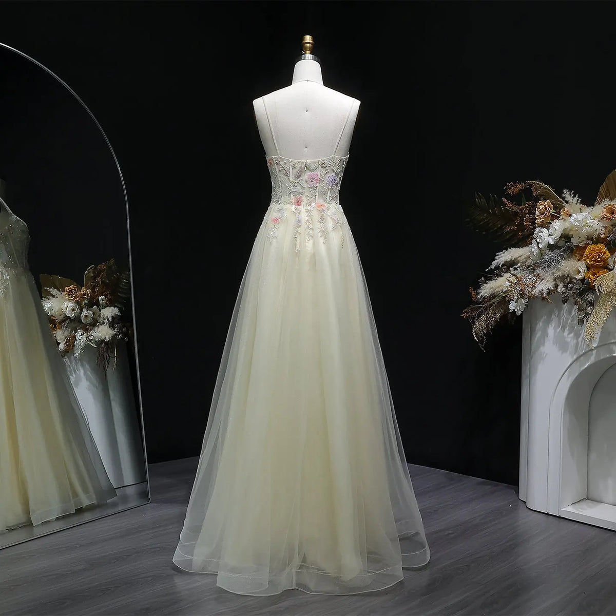 Luxury Yellow Beaded Spaghetti Strap Floral Embroidered Prom Dress SH131