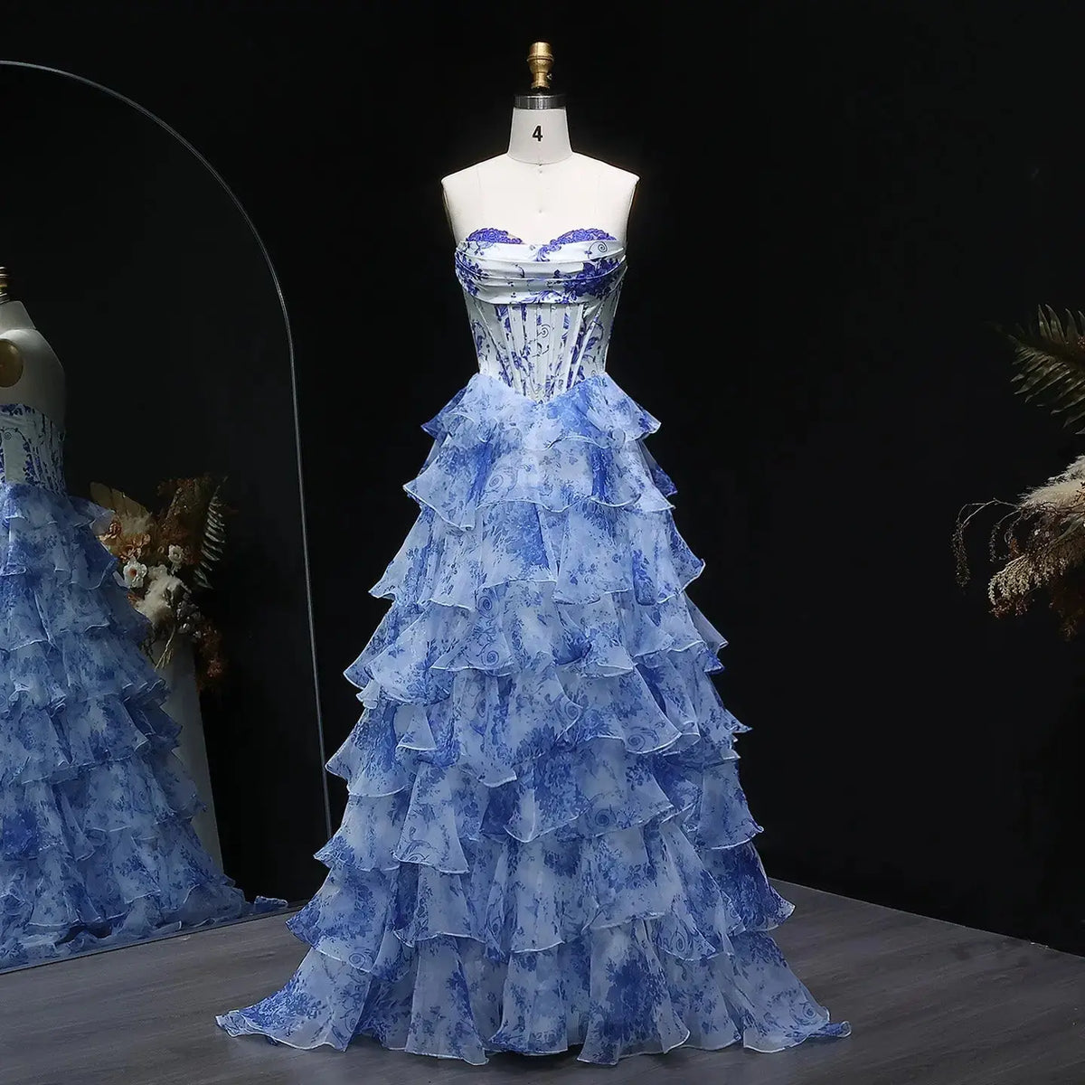 Luxury Blue Floral Strapless High-Slit Tiered Prom Dress SH361