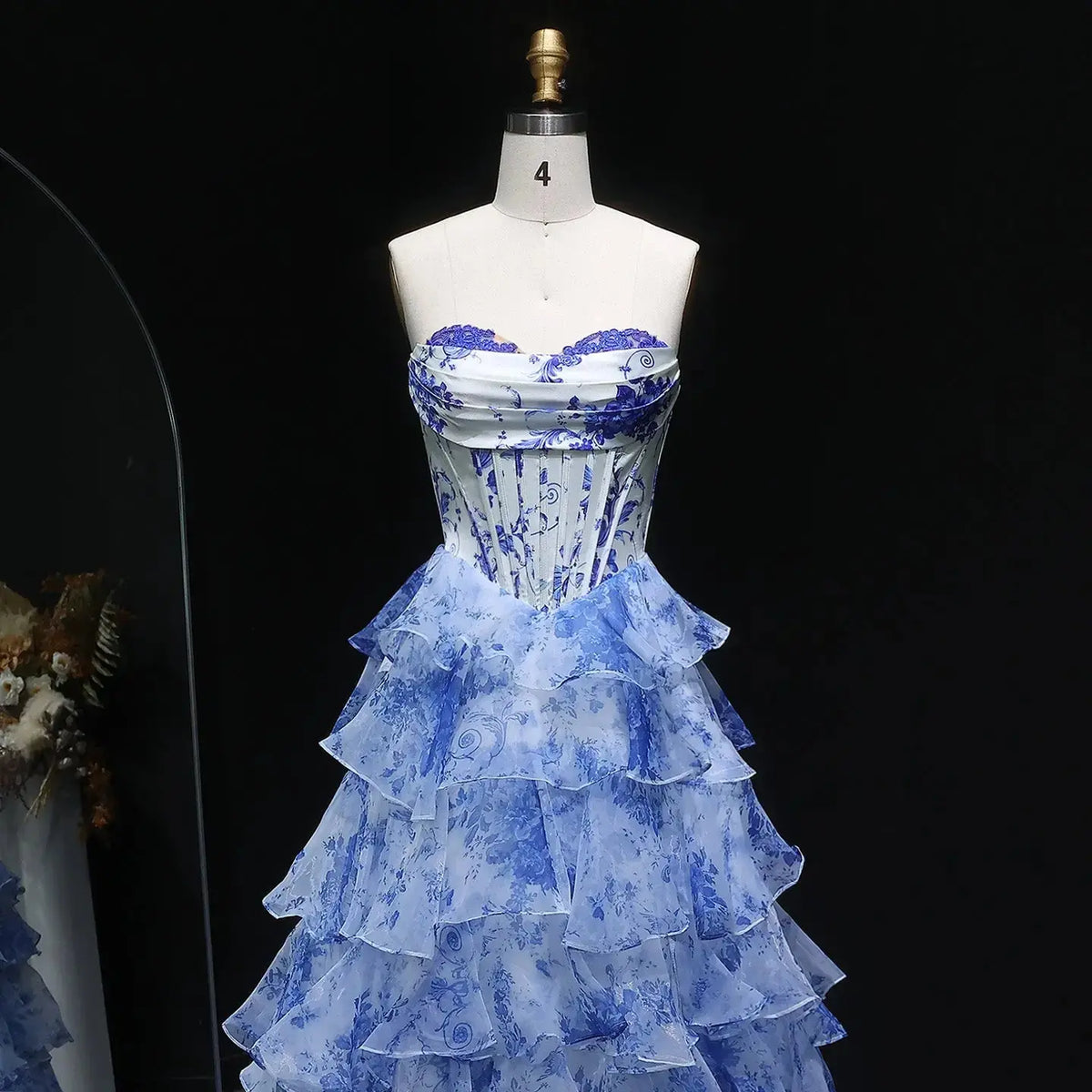 Luxury Blue Floral Strapless High-Slit Tiered Prom Dress SH361 