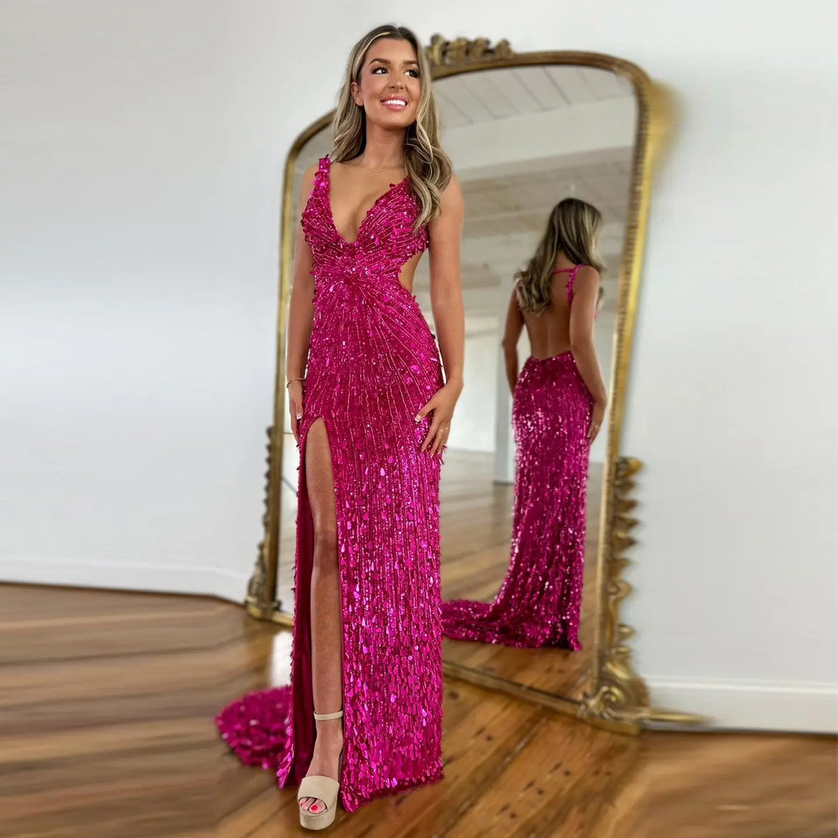 Luxury Fuchsia Deep V Sequin Cutout High-Slit Mermaid Prom Dress SH351 