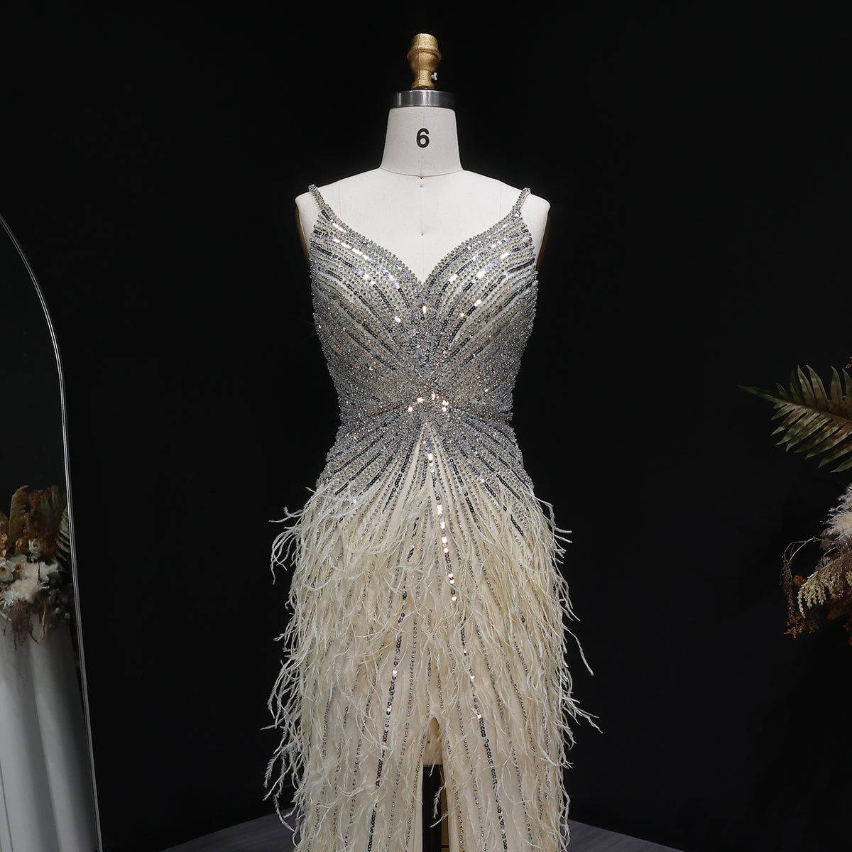 Luxury Beaded Blue Mermaid Feathers Prom Dress SS004 