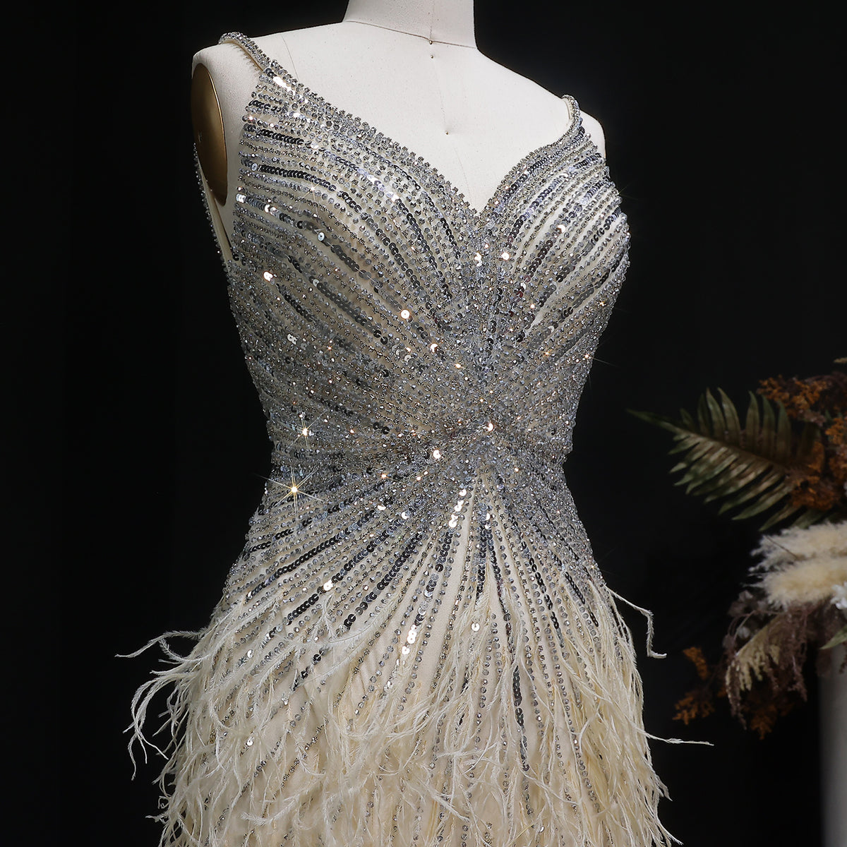 Luxury Beaded Blue Mermaid Feathers Prom Dress SS004 