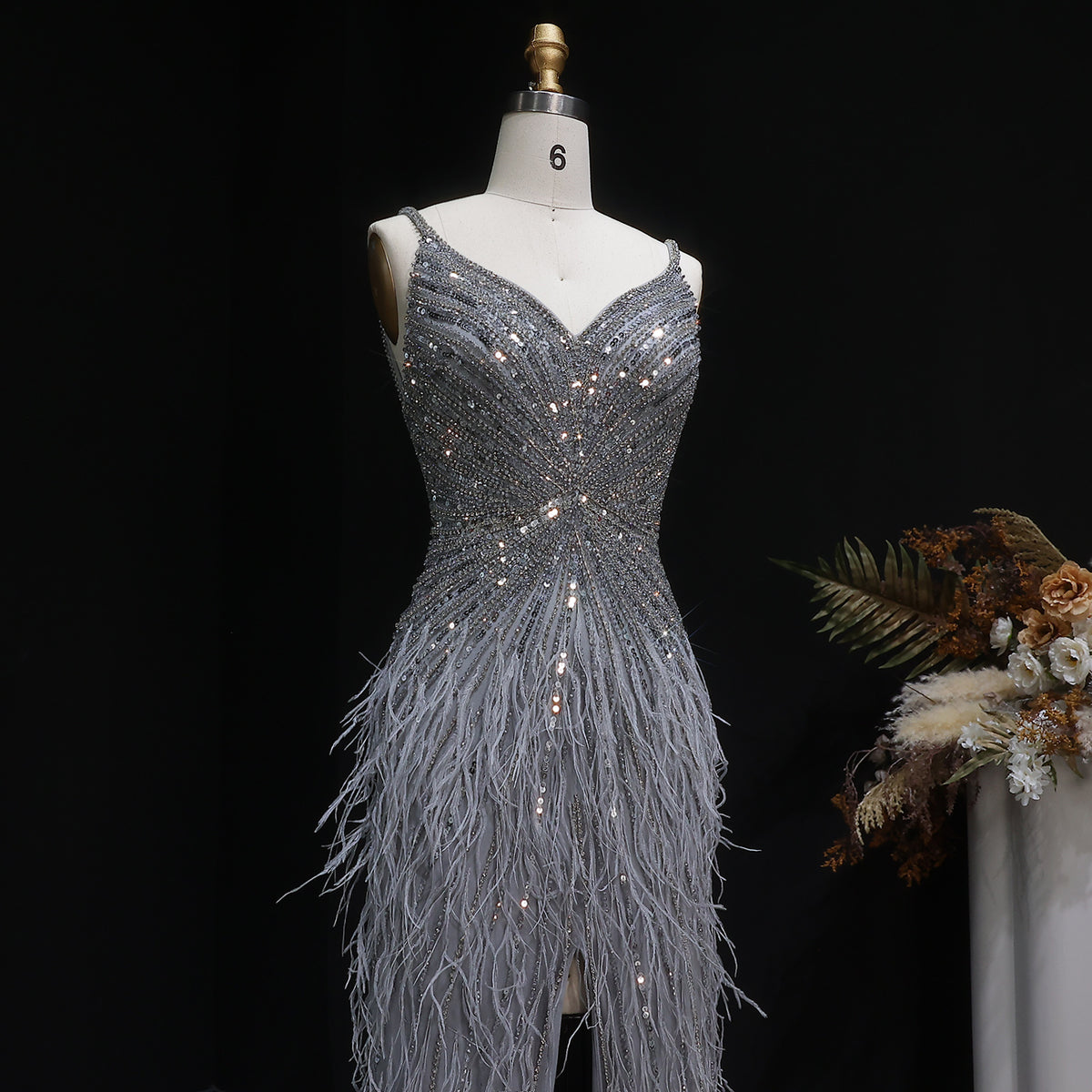 Luxury Beaded Blue Mermaid Feathers Prom Dress SS004 