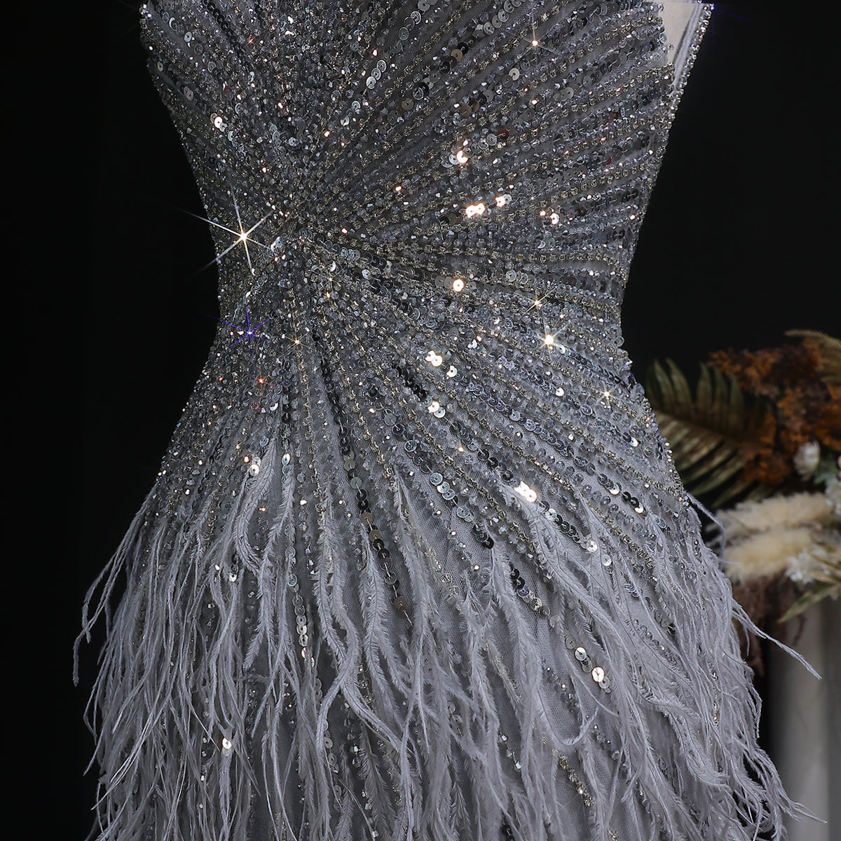 Luxury Beaded Blue Mermaid Feathers Prom Dress SS004 