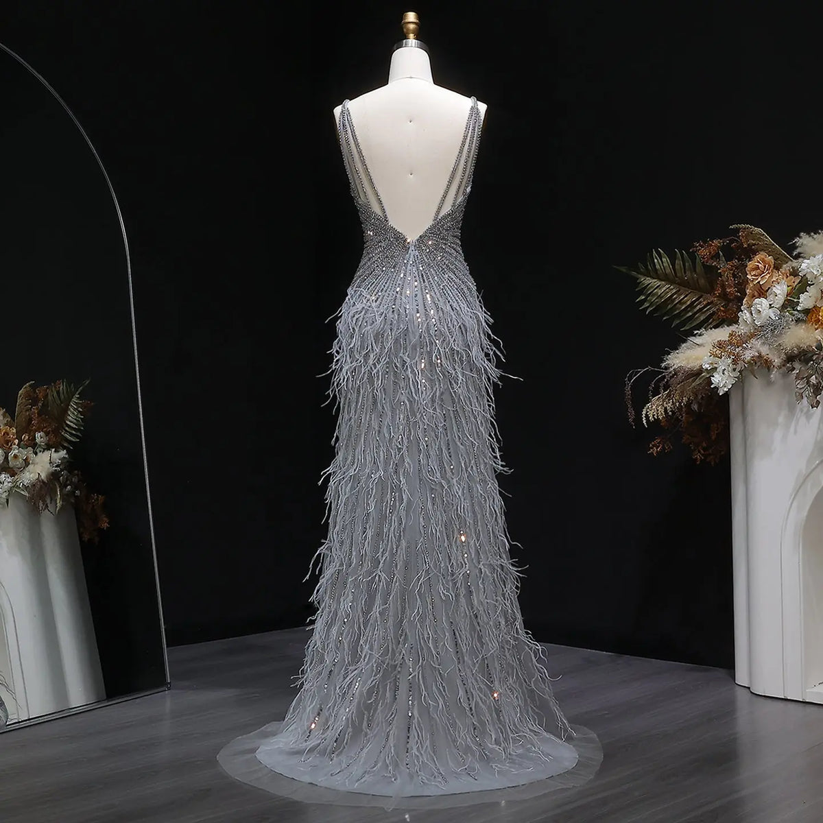 Luxury Beaded Blue Mermaid Feathers Prom Dress SS004 Luxury Beaded Blue Mermaid Feathers Prom Dress SS004