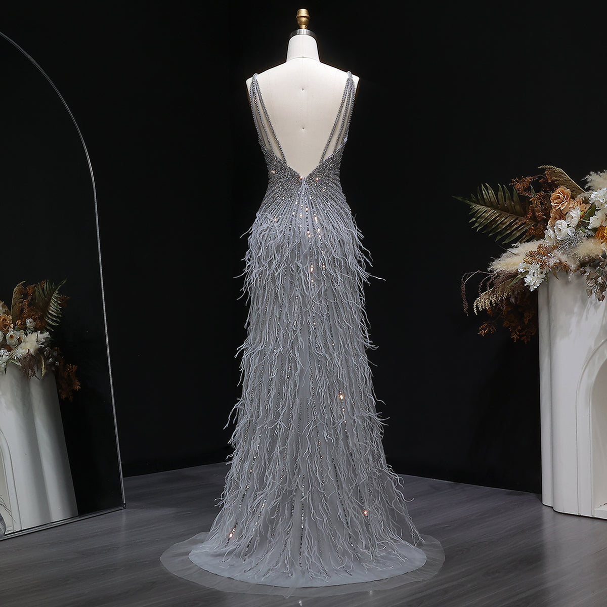 Luxury Beaded Blue Mermaid Feathers Prom Dress SS004 