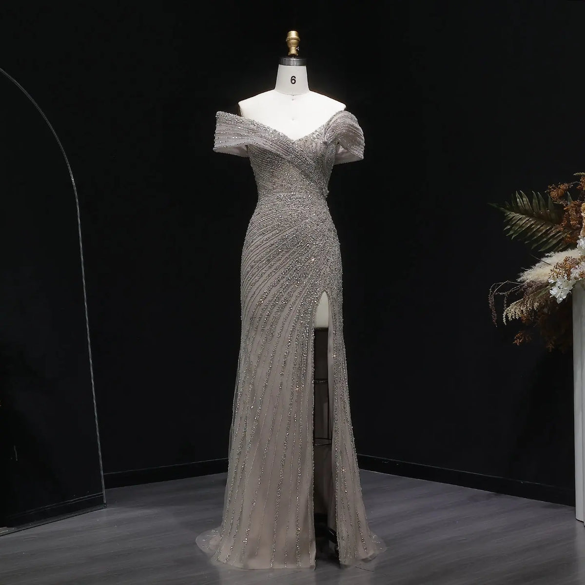 Luxury Champagne Sequin Off-the-Shoulder Evening Dress with High Slit SS007 Luxury Champagne Sequin Off-the-Shoulder Evening Dress with High Slit SS007