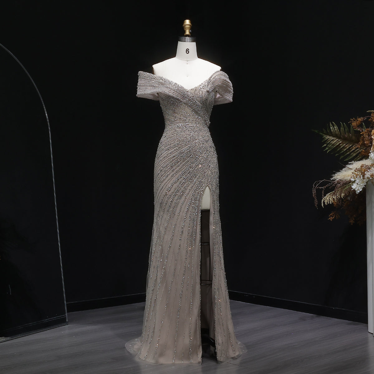 Luxury Champagne Sequin Off-the-Shoulder Evening Dress with High Slit SS007 