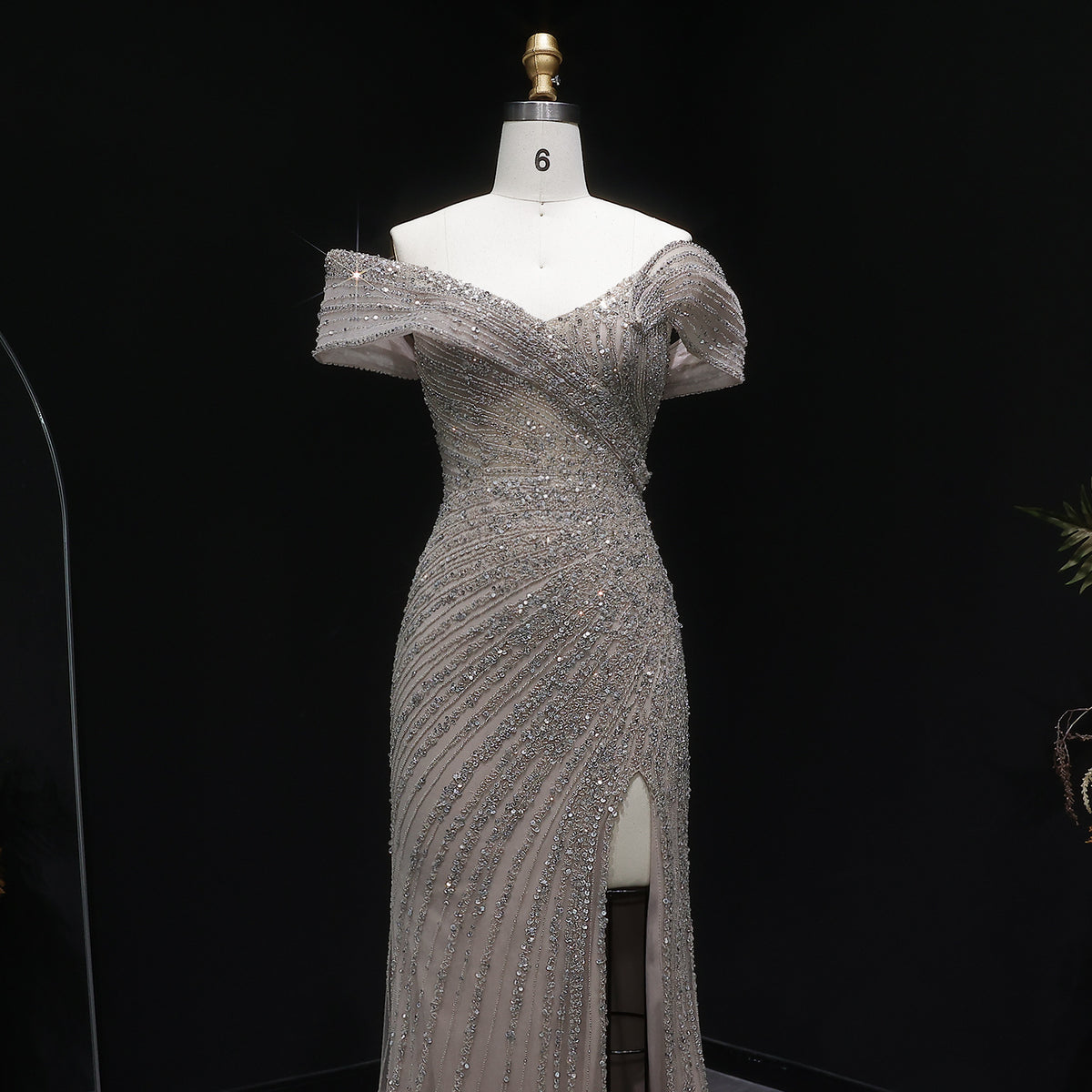 Luxury Champagne Sequin Off-the-Shoulder Evening Dress with High Slit SS007 