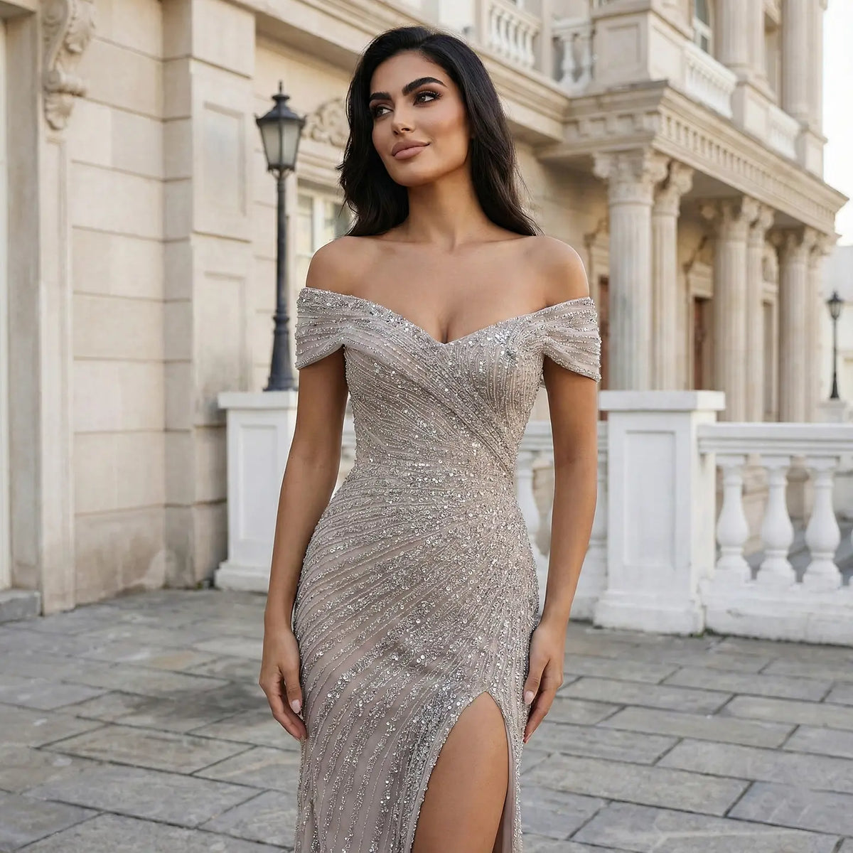Formal Wedding Gala Dresses For Women Luxury Champagne Sequin Off-The-Shoulder Evening Dress With High Slit SS007 Formal Wedding Gala Dresses For Women Luxury Champagne Sequin Off-The-Shoulder Evening Dress With High Slit SS007
