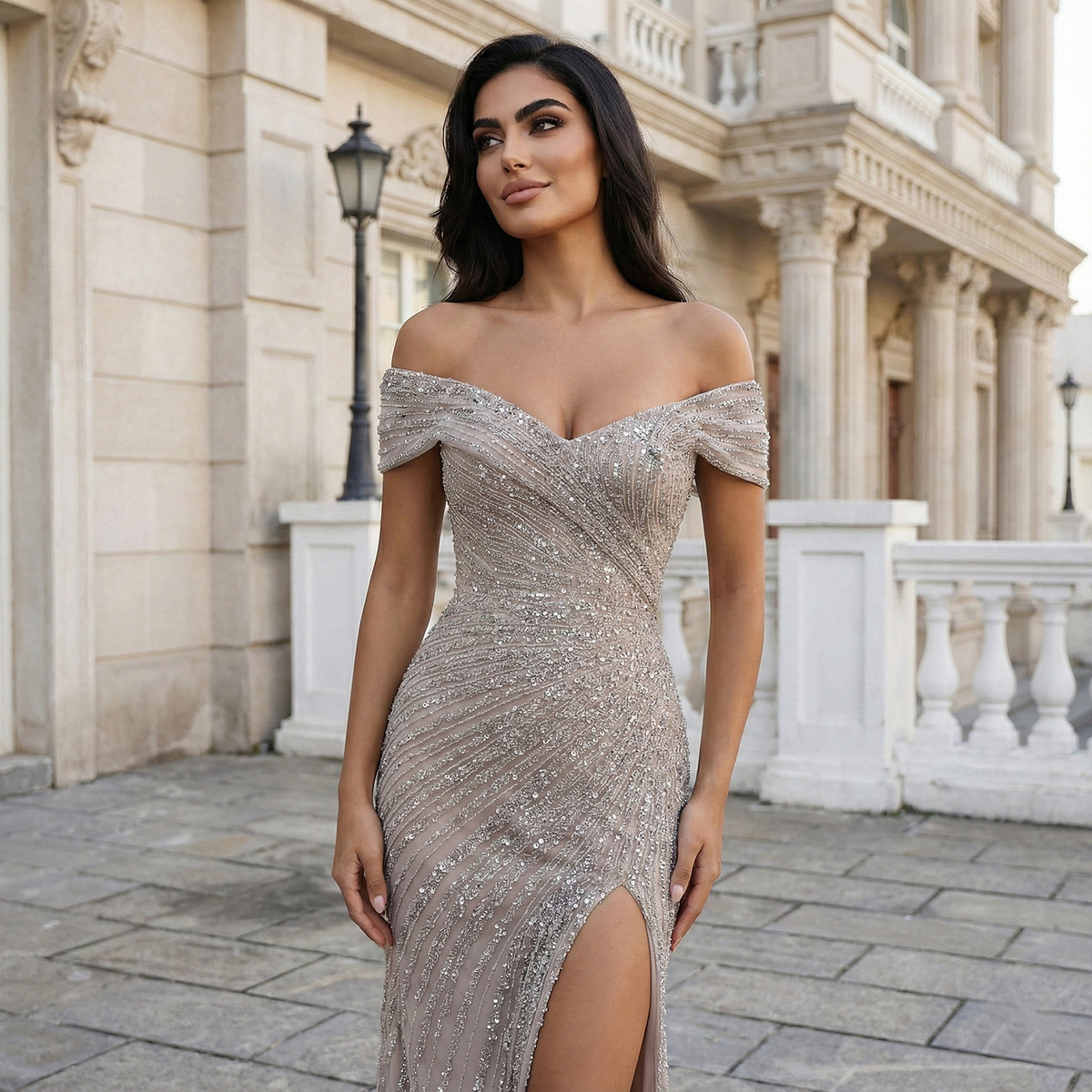 Luxury Champagne Sequin Off-the-Shoulder Evening Dress with High Slit SS007 